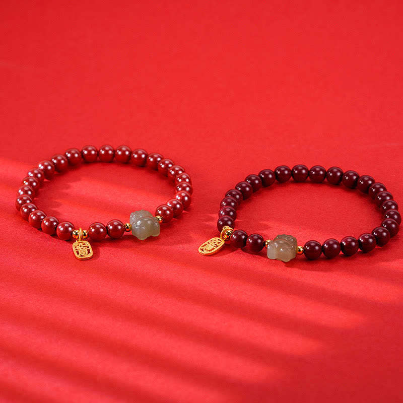 925 Sterling Silver Year of the Dragon Natural Cinnabar Hetian Jade Dragon Fu Character Ruyi As One Wishes Charm Blessing Bracelet (Extra 30% Off | USE CODE: FS30)