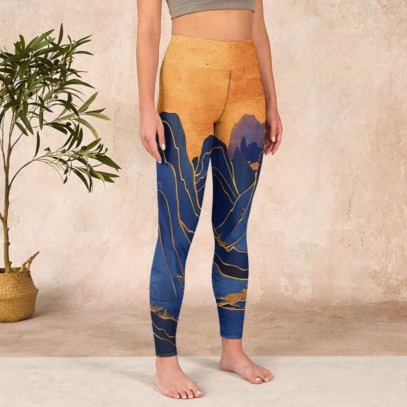 Dark Blue Mountain Sunset Print Fitness Leggings Women's Yoga Pants