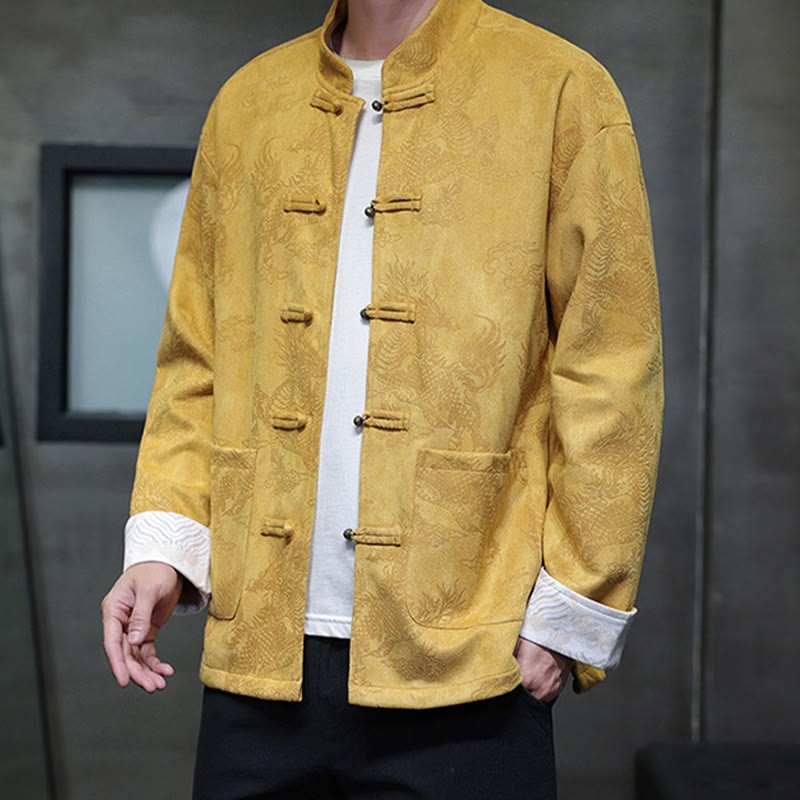 Chinese New Year Kirin Print Frog-button Tang Suit Men's Jacket Shirt With Pockets