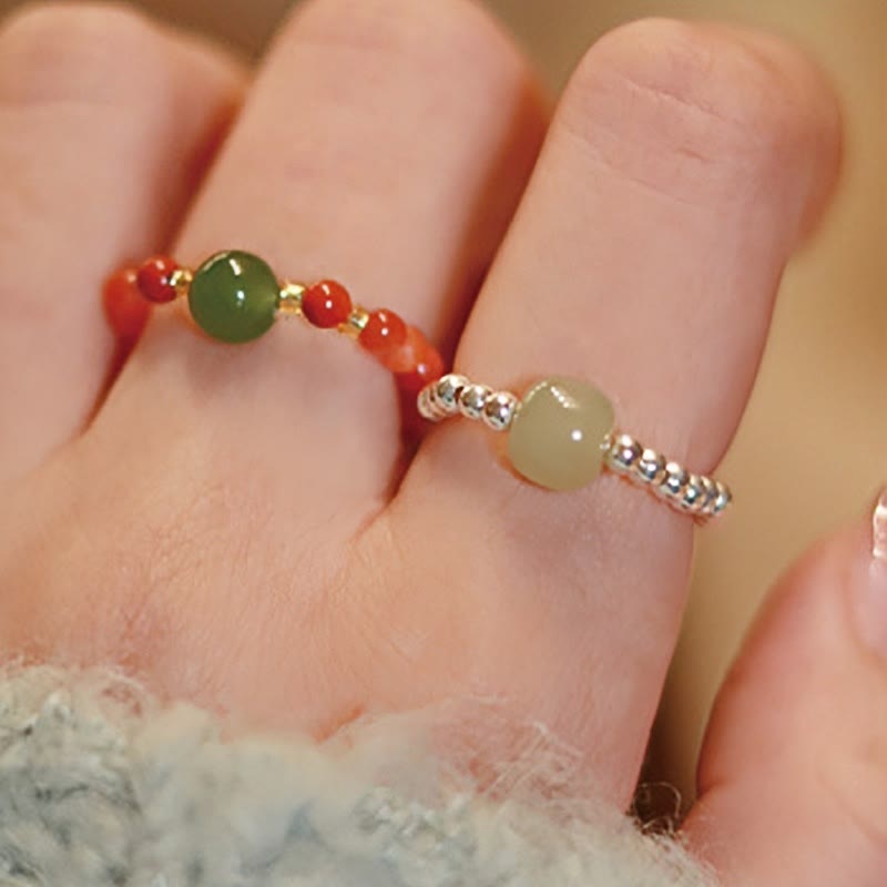 925 Sterling Silver Natural Small Hetian Jade Red Agate Pearl Bead Prosperity Elastic Ring