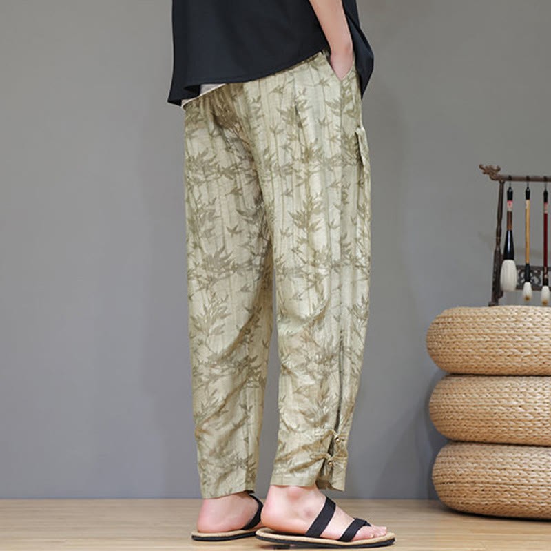 Bamboo Ankle Frog-button Drawstring Men's Pants With Pockets