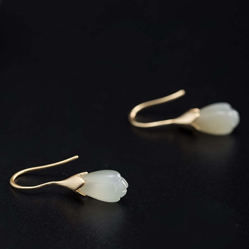 925 Sterling Silver Hetian Jade Magnolia Abundance Drop Earrings