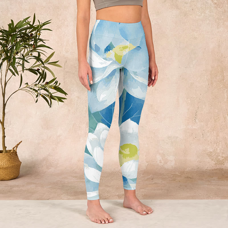 Blue White Lotus Print Gym Leggings Women's Yoga Pants