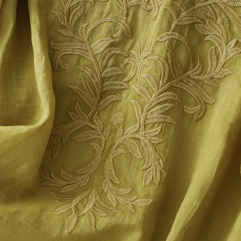 Vintage Casual Pure Leaf Embroidery V-Neck Half Sleeve Cotton Linen Women's T-Shirt