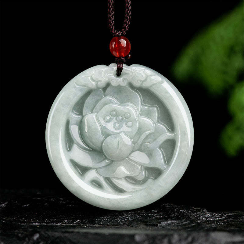 Natural Jade Lotus Flower Carved Prosperity Necklace Pendant