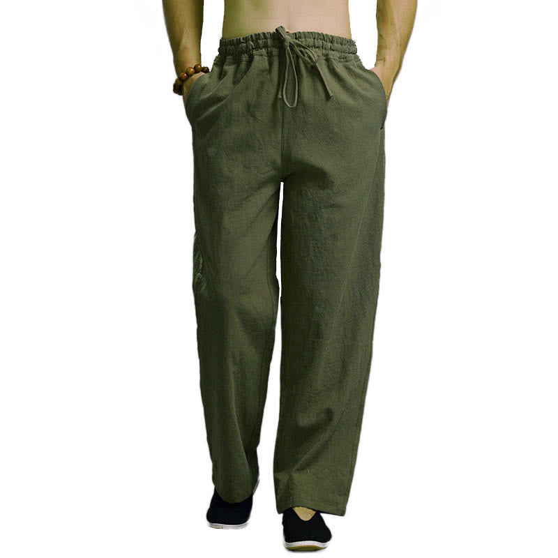 Casual Plain Color Drawstring Linen Men's Pants With Pockets