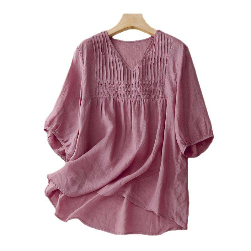 Casual Plain Loose Women's V-Neck Design Half Sleeve Cotton Linen Shirt