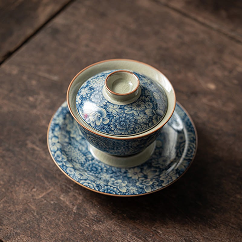 Vintage Blue And White Porcelain Peach Blossom Lotus Peony Ceramic Gaiwan Sancai Teacup Kung Fu Tea Cup And Saucer With Lid