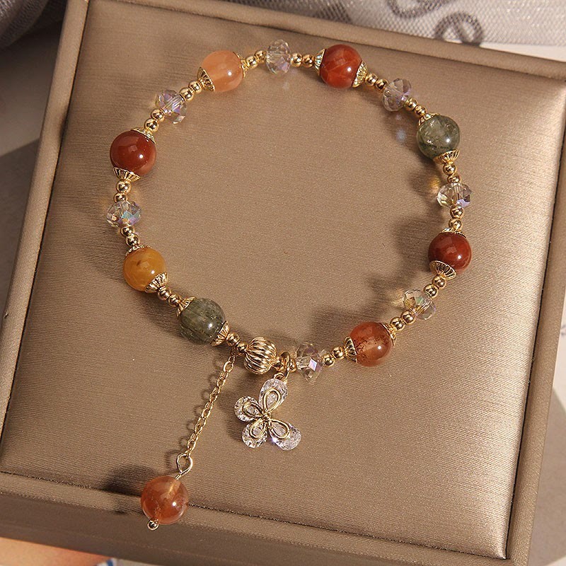 Natural Fu Lu Shou Rainbow Crystal Rutilated Quartz Wealth Butterfly Charm Bracelet