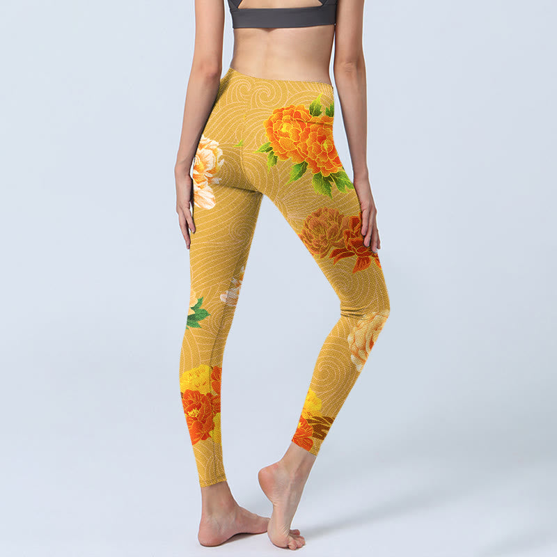Vibrant Rose Flowers Print Gym Leggings Women's Yoga Pants