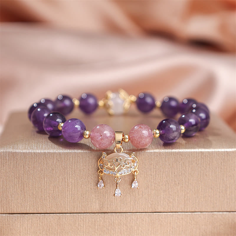 Natural Amethyst Strawberry Quartz Peace Lock Charm Positive Bracelet