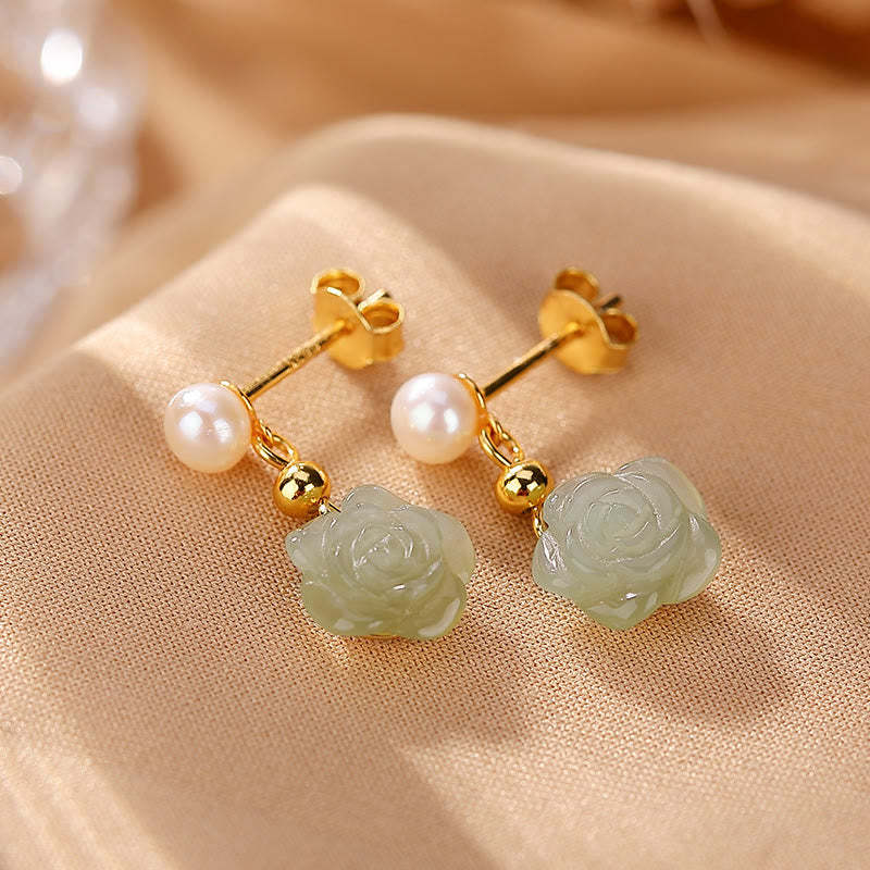 925 Sterling Silver Plated Gold Jade Rose Flower Cyan Jade Pearl Luck Earrings