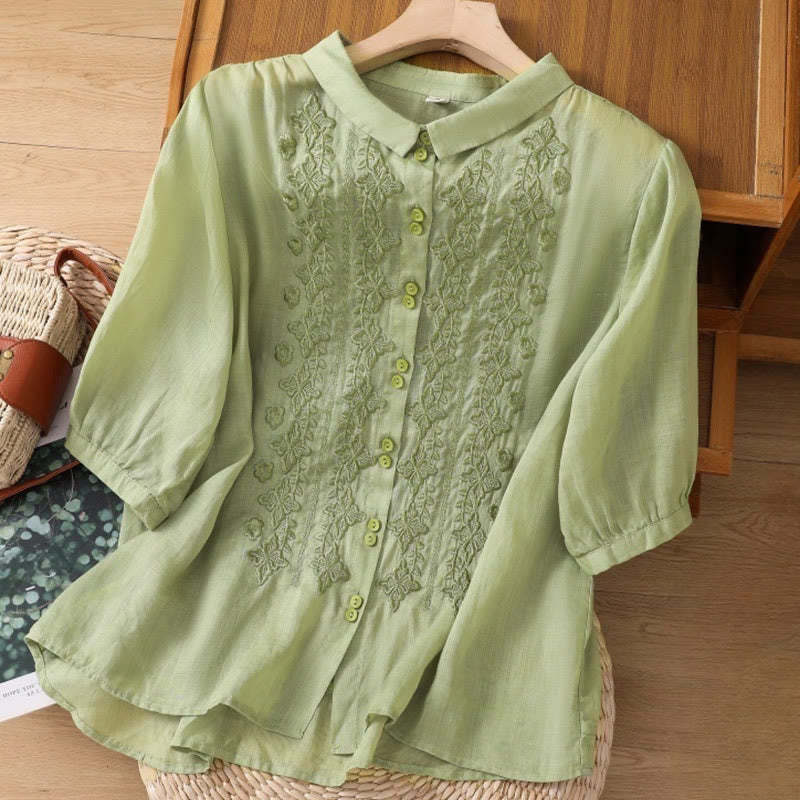 Summer Plain Button Embroidery Flower Pattern Three Quarter Sleeve Lapel Cotton Linen Women's Shirt