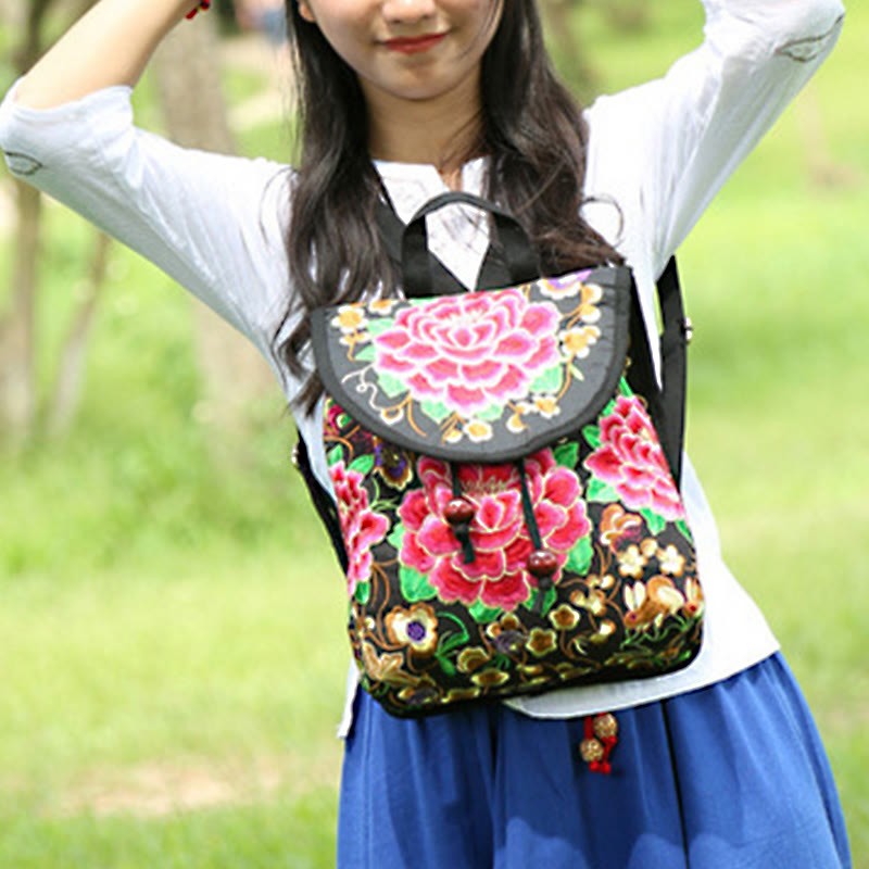 Peony Chinese Money Tree Embroidery Canvas Backpack