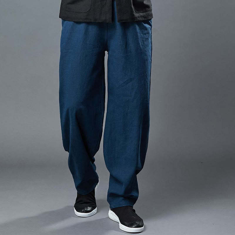 Plain Color Elastic Waist Ramie Linen Men's Pants With Pockets