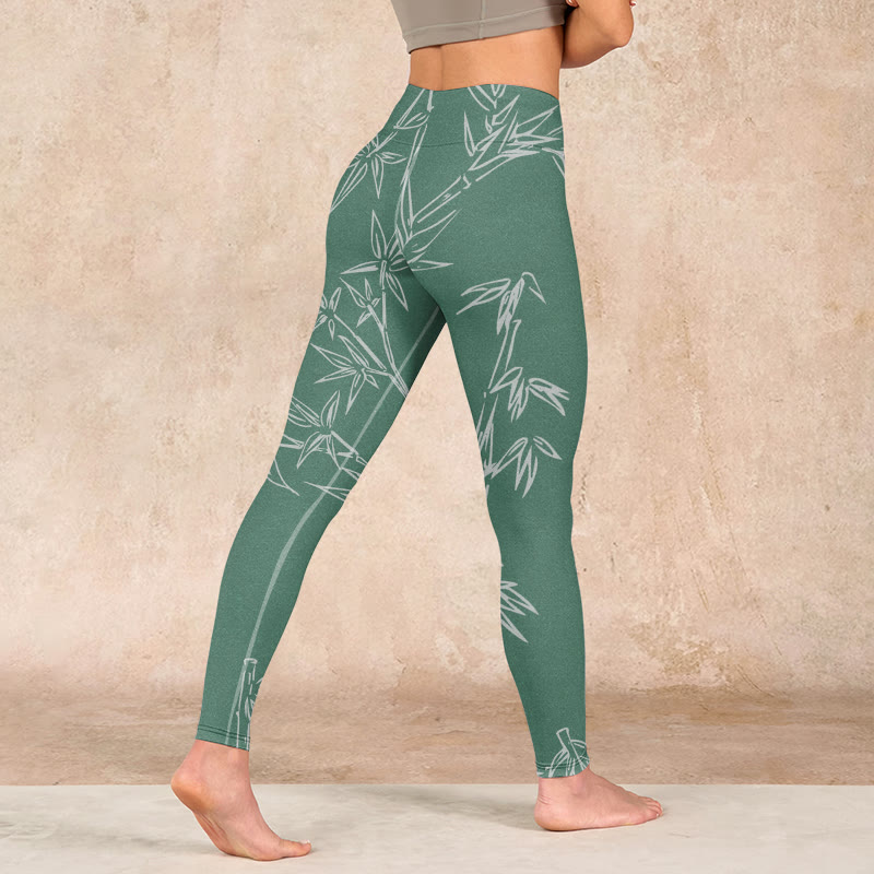 Green White Bamboo Leaves Print Gym Leggings Women's Yoga Pants