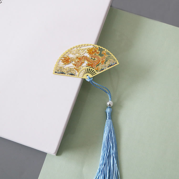 Traditional Butterfly Lotus Flower Crane Dragon Phoenix Fox Koi Fish New Beginning Metal Brass Hollow Fan Bookmarks