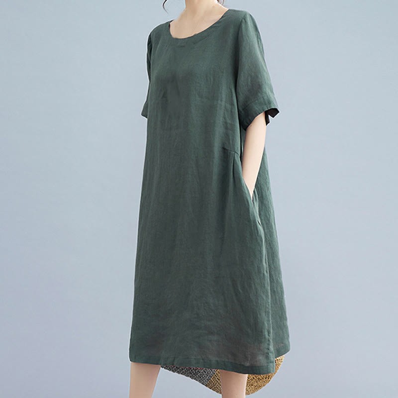 Casual Loose Solid Color Cotton Linen Crew Neck Half Sleeve Design Midi Dress With Pockets