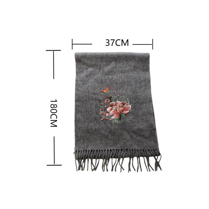 Wool Shawl Pink Peony Butterfly Embroidery Tassel Winter Cozy Travel Scarf Wrap