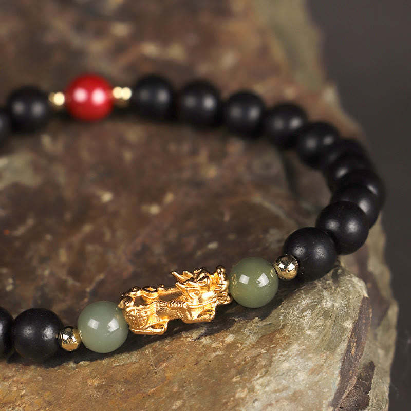 999 Sterling Silver Sandalwood Ebony Wood Small Leaf Red Sandalwood Hetian Jade Cinnabar PiXiu Wealth Bracelet