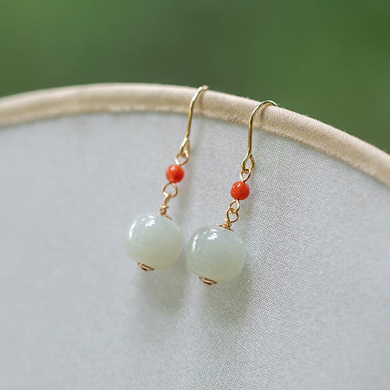925 Sterling Silver 14K Gold Plated Hetian Jade Red Agate Luck Drop Dangle Earrings
