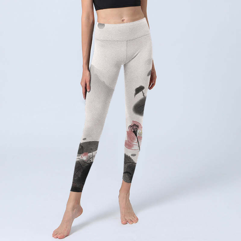 Ink Painting Lotus Flower Leaf Print Gym Fitness Leggings Women's Yoga Pants