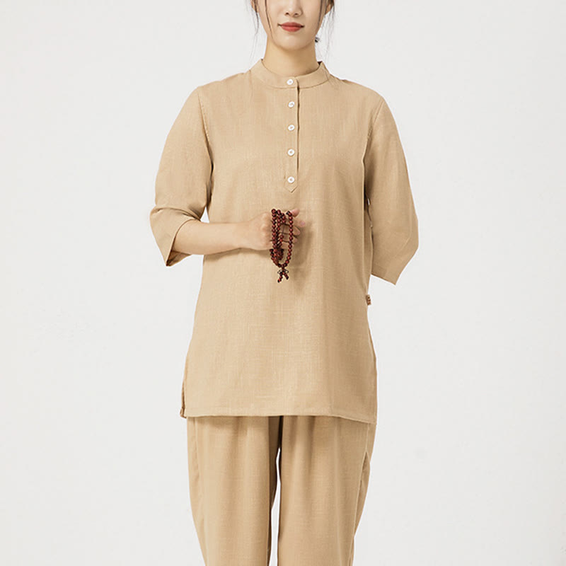 2Pcs Buttons Three Quarter Sleeve Shirt Top Pants Meditation Zen Tai Chi Cotton Linen Clothing Women's Set