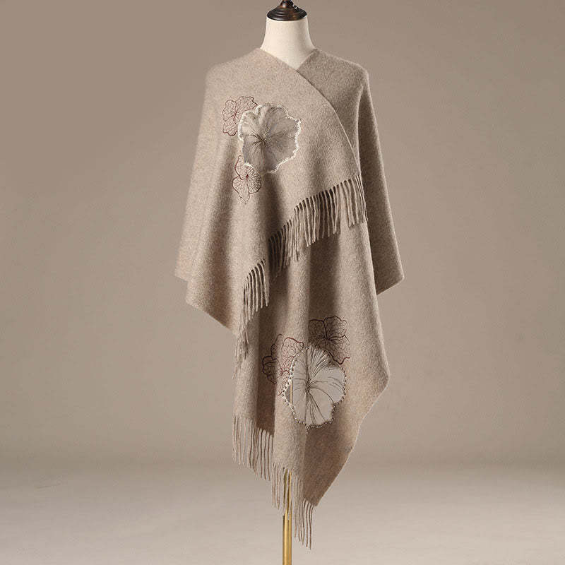 Wool Shawl Lotus Leaf Embroidery Tassel Winter Cozy Travel Scarf Wrap
