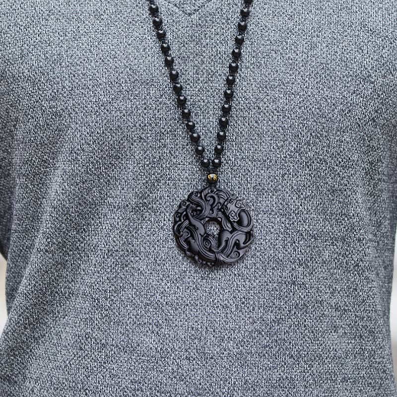 Natural Black Obsidian Peace Buckle Pixiu Purification Necklace Pendant