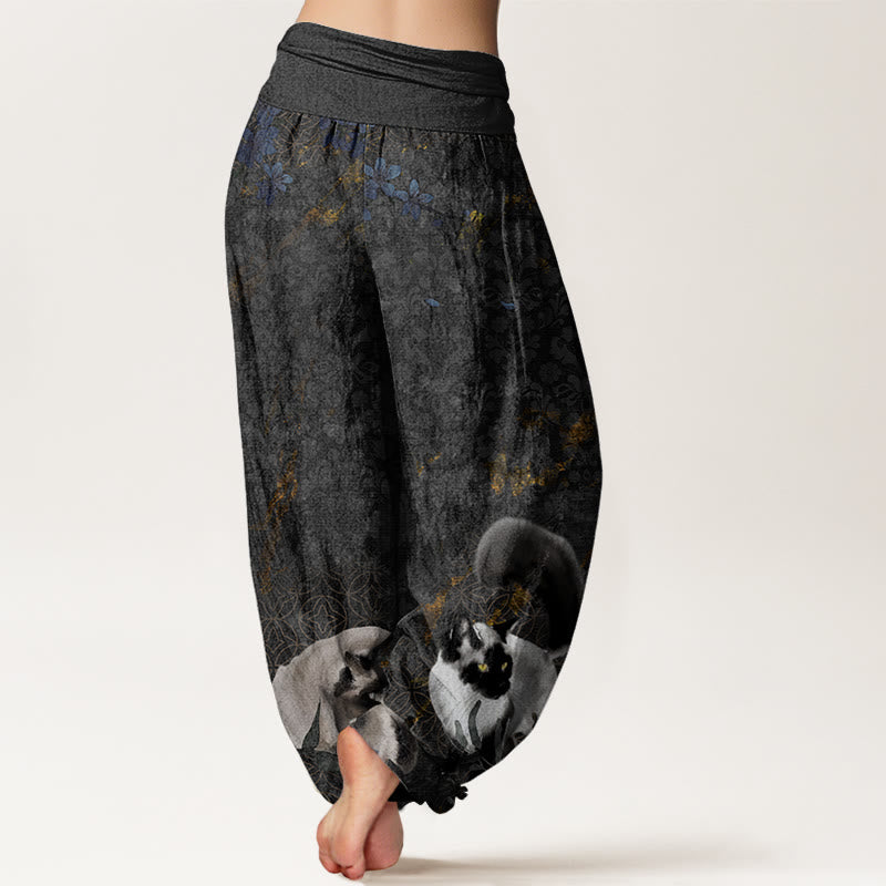 Siamese Cats Flower Coin Pattern Women's Elastic Waist Harem Pants