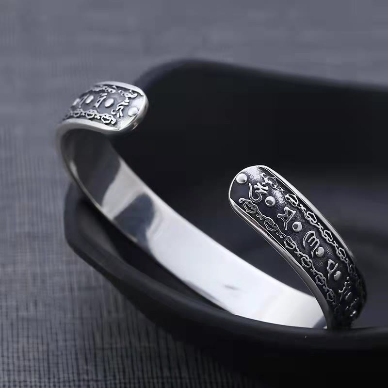 925 Sterling Silver Om Mani Padme Hum Double Dorje Engraved Wisdom Cuff Bracelet Bangle