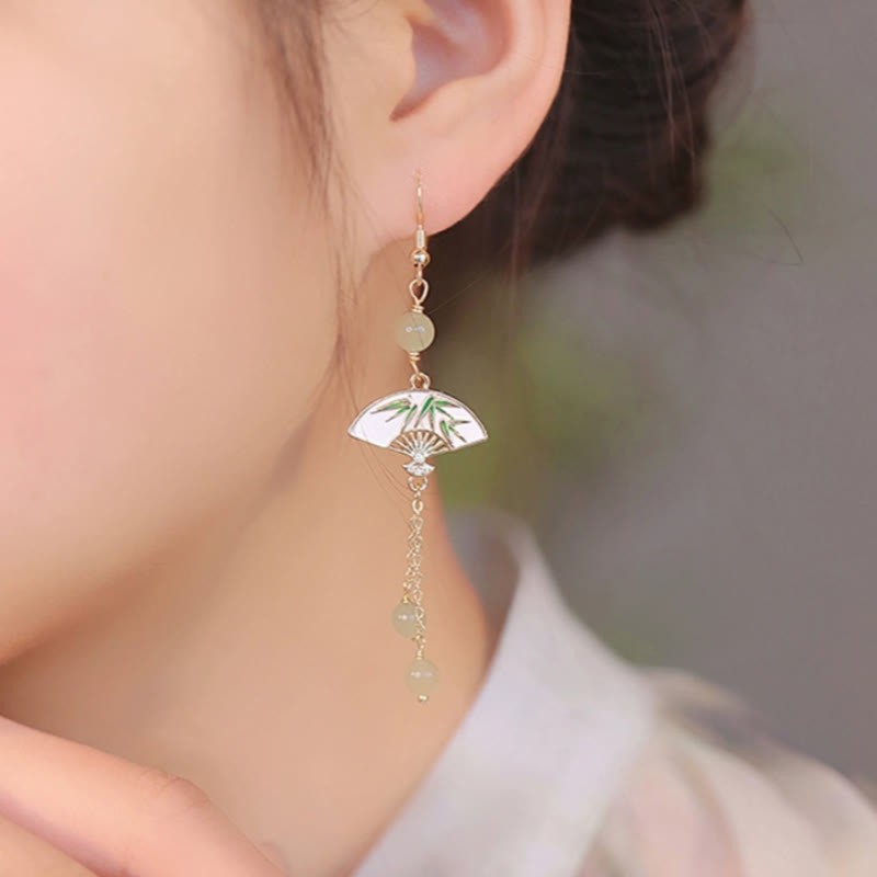 14K Gold Filled Copper Jade Fan Bamboo Abundance Earrings