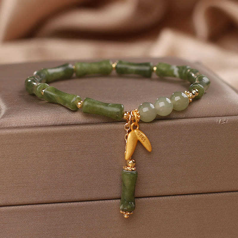 Green Bamboo Jade Leaf Pattern Wealth Luck Bracelet