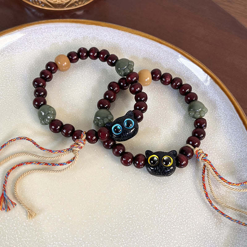 Ebony Wood Lovely Cat Jade Paw Peace Tassel Wood Bracelet