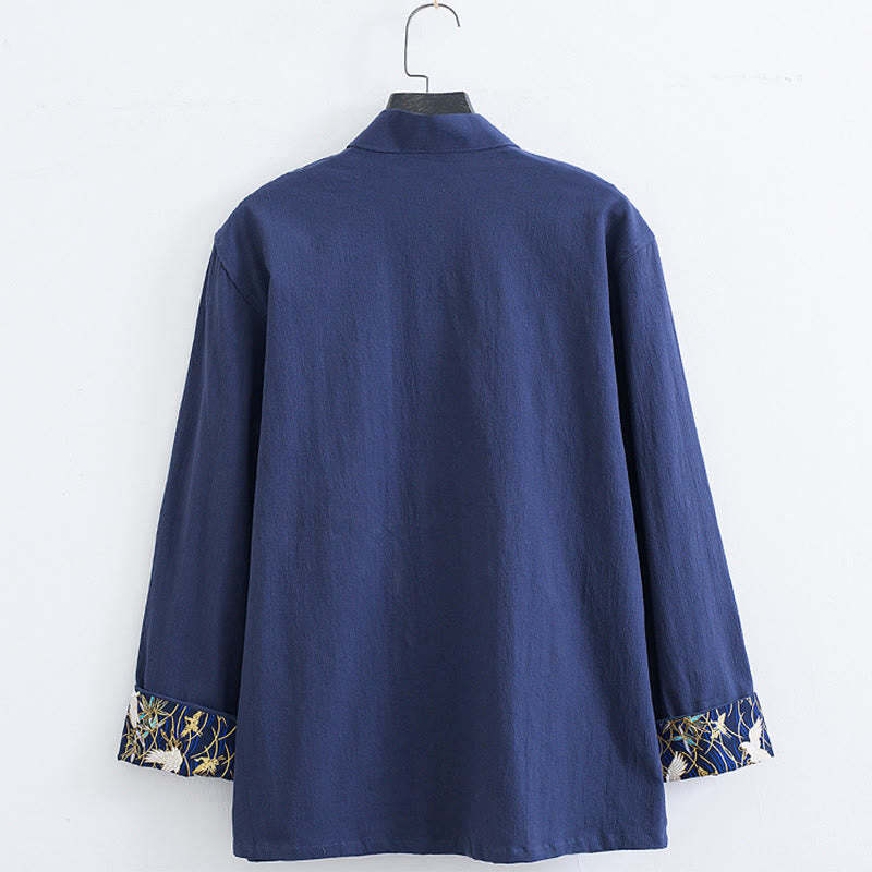 Men's Frog-Button Tang Suit Cotton White Crane Embroidery Jacket Shirt With Pockets