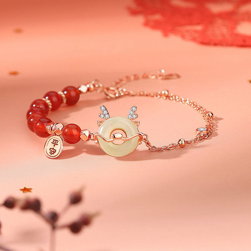925 Sterling Silver Year of the Dragon Natural Red Agate Hetian Jade Peace Buckle Luck Success Bracelet (Extra 30% Off | USE CODE: FS30)