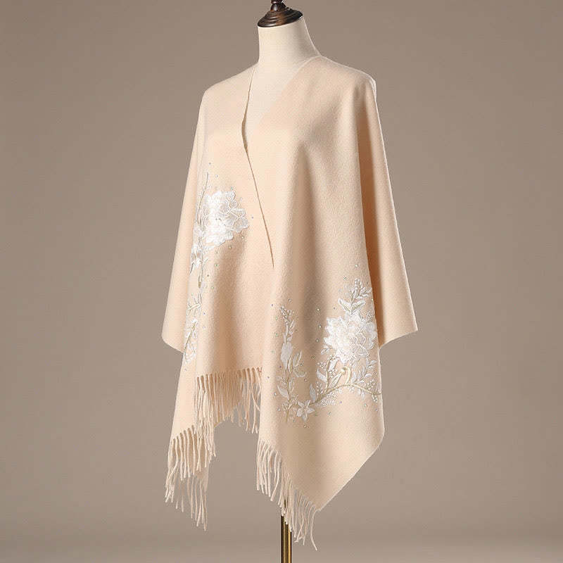 Wool Shawl White Flower Embroidery Tassel Winter Cozy Travel Scarf Wrap