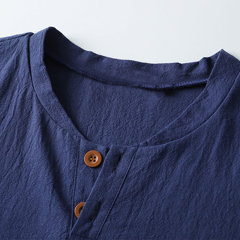 Loose Men's T-shirt Solid Color Top Short Sleeve Button Notched Neck Soft Cotton Linen Shirt