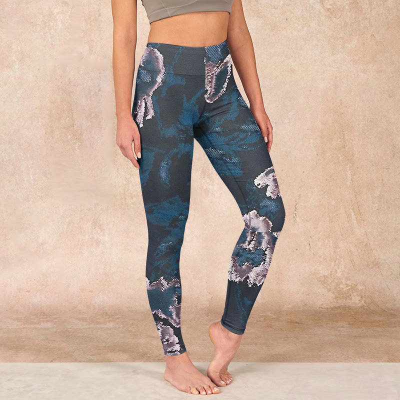 SteelBlue Silver Flowers Print Exercise Leggings Women's Yoga Pants