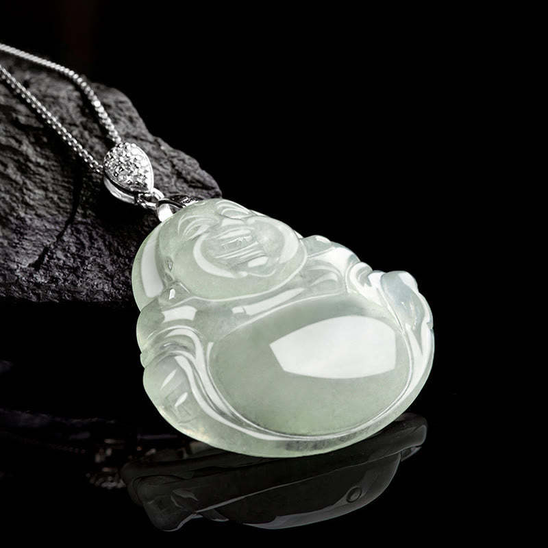 925 Sterling Silver Natural Jade Laughing mystic zen Prosperity Abundance Chain Necklace Pendant