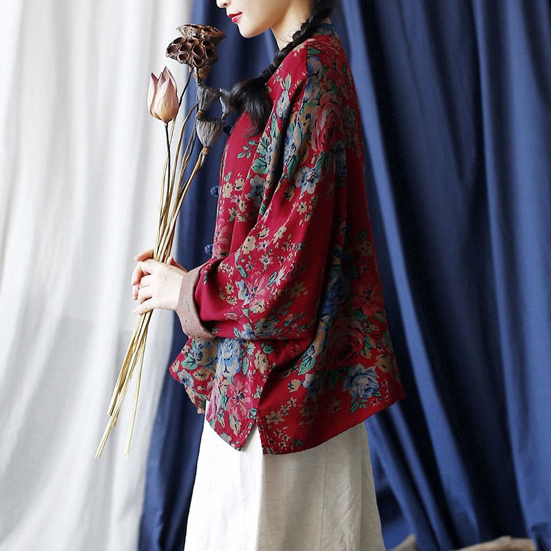 Red Flowers Green Leaves Print Frog-button Design Long Sleeve Cotton Linen Jacket Shirt