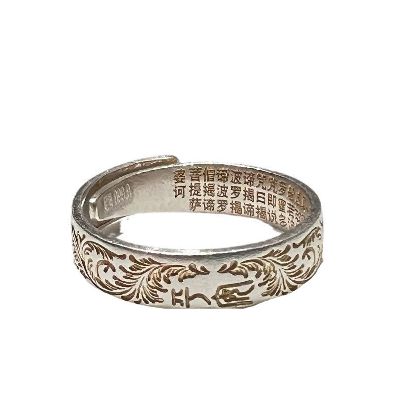 mystic zen Stone 999 Sterling Silver Gold-Painted Joyful Flower Pattern Peaceful Heart Sutra Ring