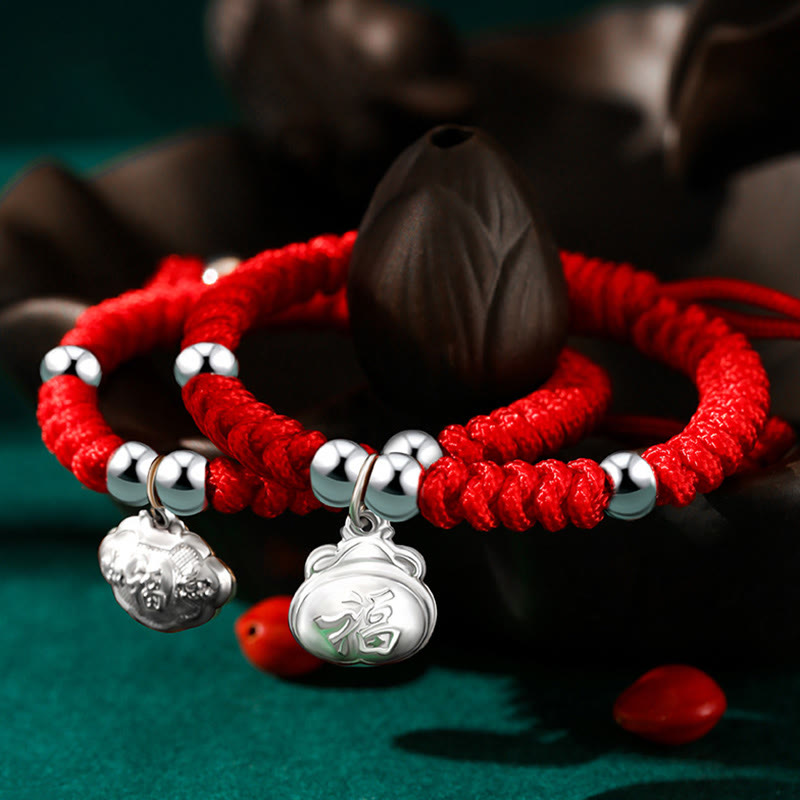 925 Sterling Silver Handmade Fu Character Lucky Money Bag Chinese Lock Charm Bell Lotus Copper Coin King Kong Knot Braided Kids Bracelet