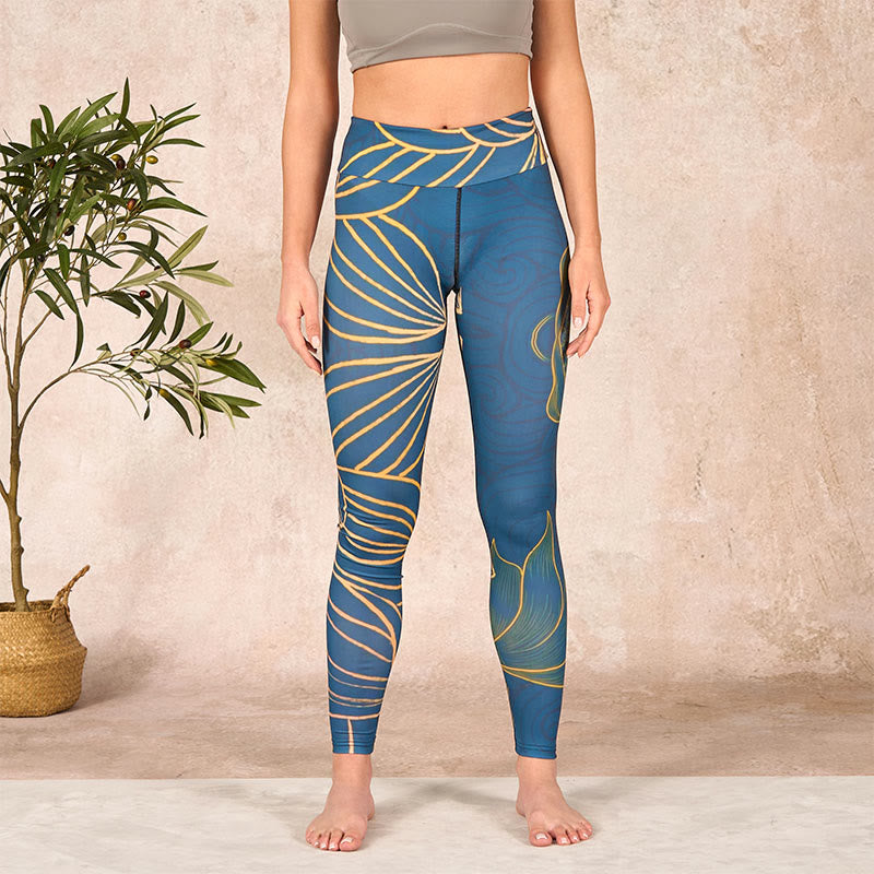 Gray Golden Koi Fish Lotus Print Gym Leggings Women's Yoga Pants