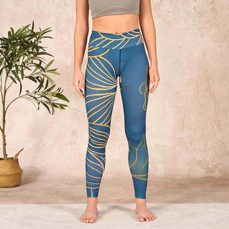 Gray Golden Koi Fish Lotus Print Gym Leggings Women's Yoga Pants