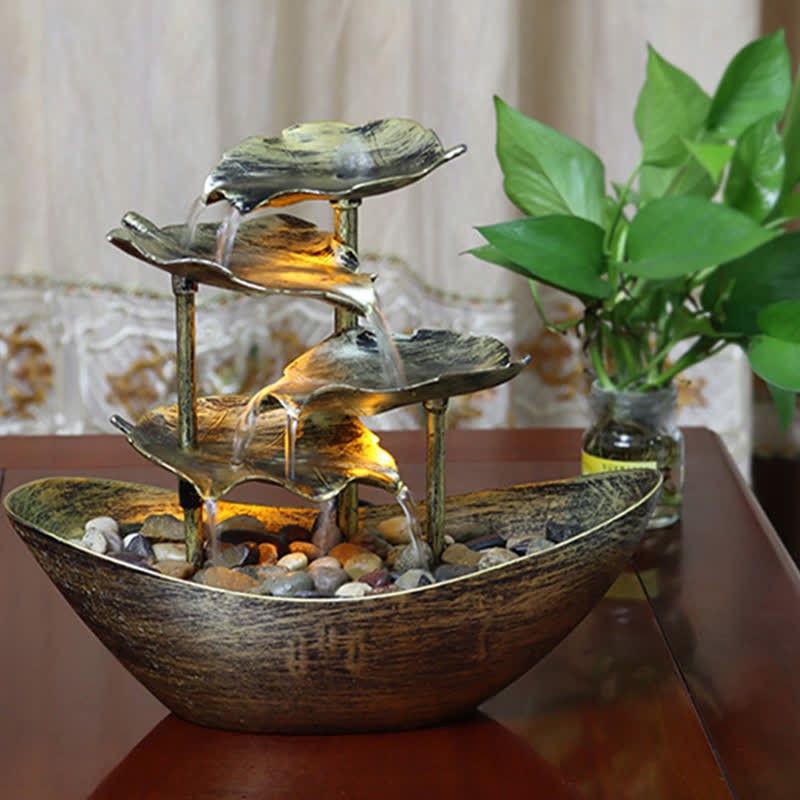 Lotus Leaf Shaped Waterfall Fountain Tabletop Ornaments With LED Light Home Office Desktop Decoration