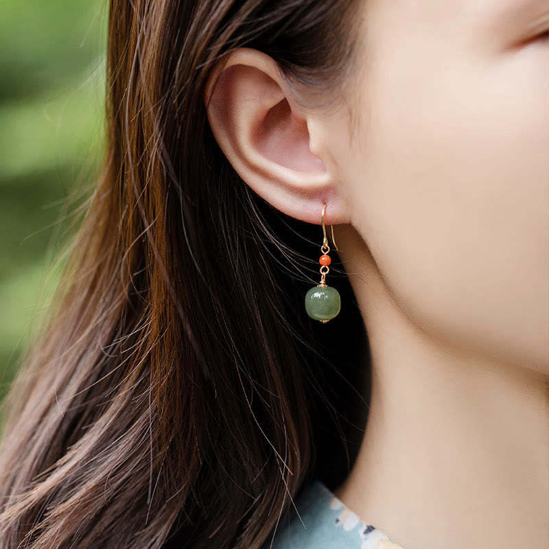 925 Sterling Silver 14K Gold Plated Hetian Jade Red Agate Luck Drop Dangle Earrings