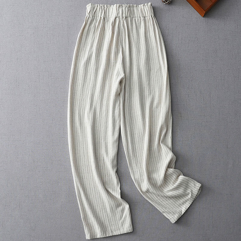 Vertical Striped Cotton Linen High Waist Wide Leg Pants With Pockets