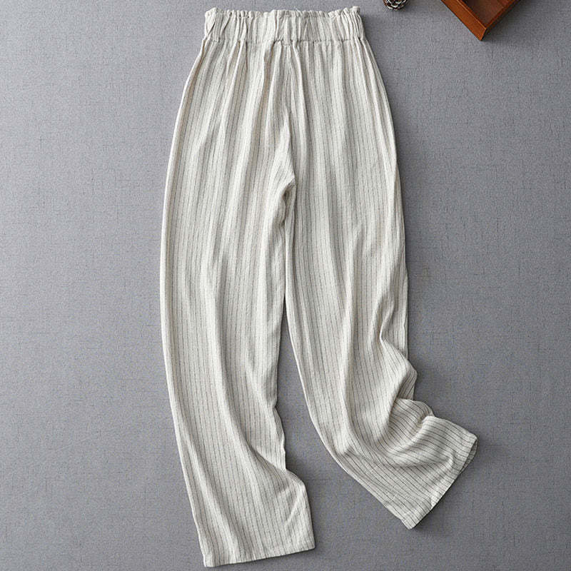 Vertical Striped Cotton Linen High Waist Wide Leg Pants With Pockets