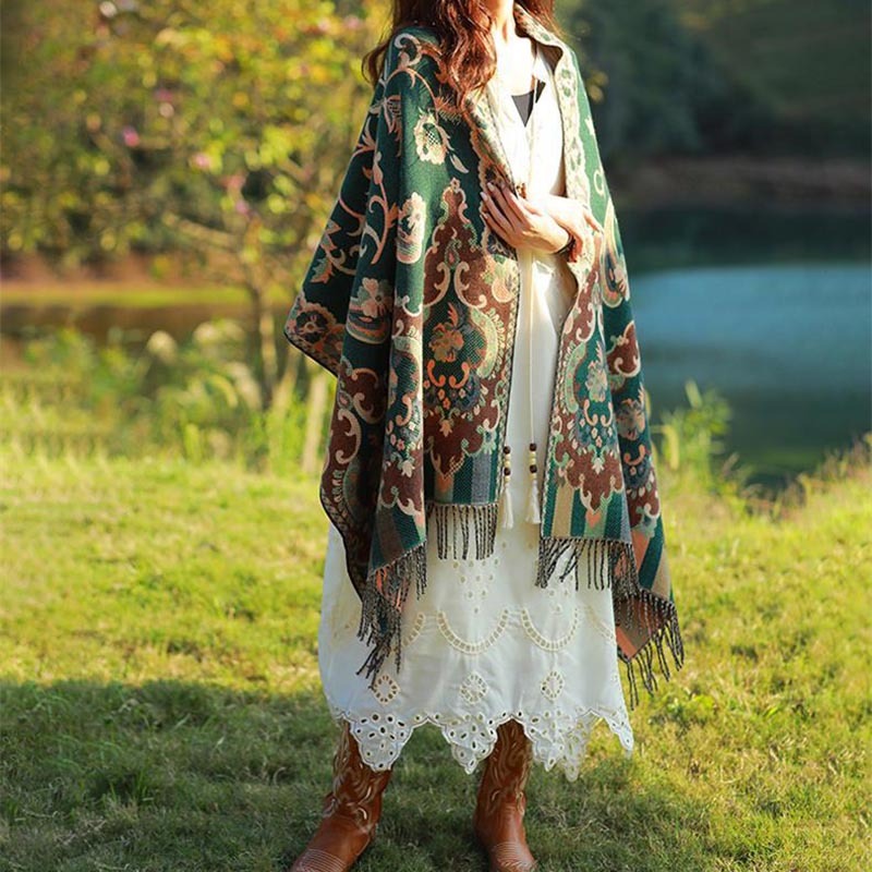 Tibetan Flowers Leaves Branch Design Tassel Shawl Cozy Travel Scarf Wrap